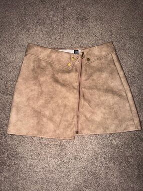 Beige Faux Suede Mini Skirt with Front Zip
